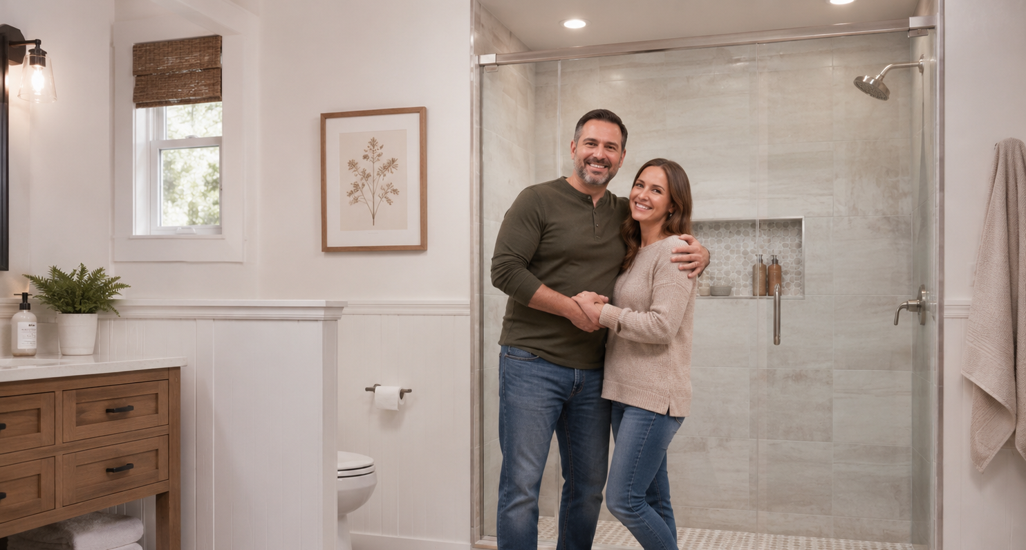 Happy homeowners in remodeled bathroom